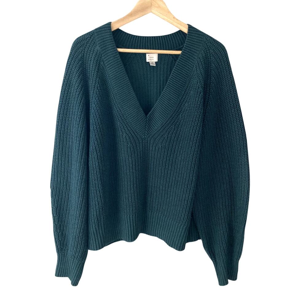 a new day Chunky Knit V Neck Relaxed Fit Green Sweater Medium